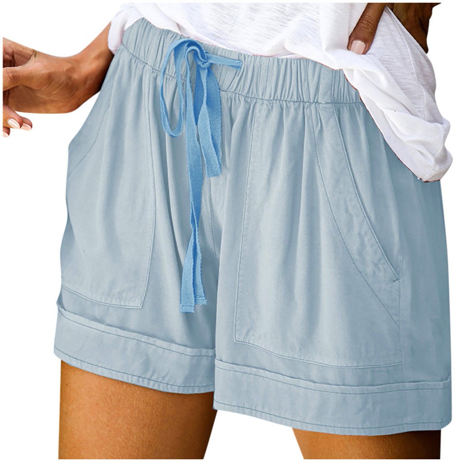 thumbnail image 4 of Pantalones cortos cómodos con cordón y cintura elástica para mujer - Pantalones holgados de color liso con bolsillos - Ropa informal de verano de poliéster, 4 of 8